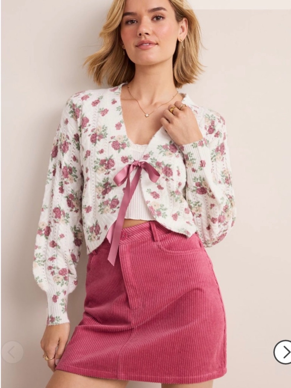Francesca's Floral Ribbon Tie Cardigan Small Ivory Mauve Cottagecore NWT
